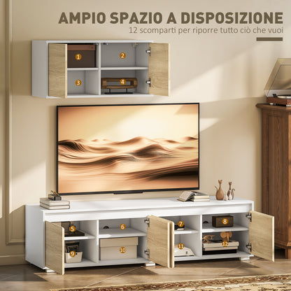 Set of 2 Living Room Wall Unit in Particle Board, TV Stand max 70" 160x39x43 cm and Wall-Mounted Multipurpose Cabinet 80x35x40 cm, White and Wood Color