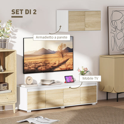 Set of 2 Living Room Wall Unit in Particle Board, TV Stand max 70" 160x39x43 cm and Wall-Mounted Multipurpose Cabinet 80x35x40 cm, White and Wood Color