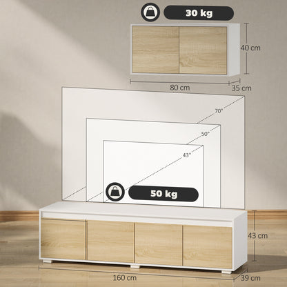 Set of 2 Living Room Wall Unit in Particle Board, TV Stand max 70" 160x39x43 cm and Wall-Mounted Multipurpose Cabinet 80x35x40 cm, White and Wood Color