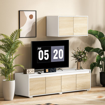 Set of 2 Living Room Wall Unit in Particle Board, TV Stand max 70" 160x39x43 cm and Wall-Mounted Multipurpose Cabinet 80x35x40 cm, White and Wood Color