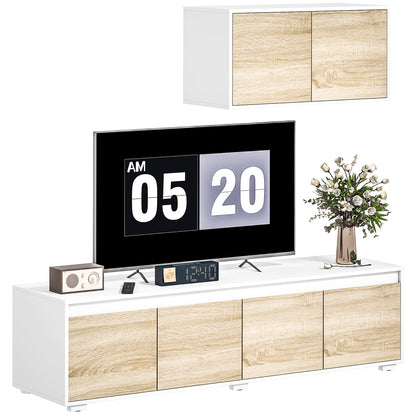 Set of 2 Living Room Wall Unit in Particle Board, TV Stand max 70" 160x39x43 cm and Wall-Mounted Multipurpose Cabinet 80x35x40 cm, White and Wood Color