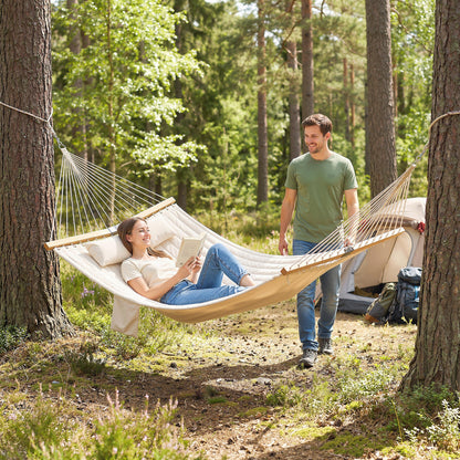 Outdoor Hammock 200 x 140 cm (79" x 55") – Quilted Two-Layer Double Hammock with Headrest, Magazine Pocket & Beech Wood Spreaders, Cream White