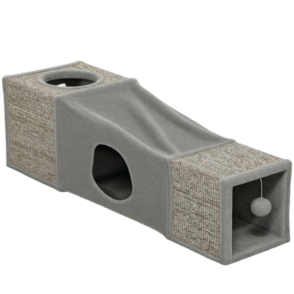 Cat Tunnel, Cat Toy with Play Ball, Cat Cave, Foldable Sisal Play Tunnel, Combined Design, Brown+Gray, 98 x 30 x 30 cm