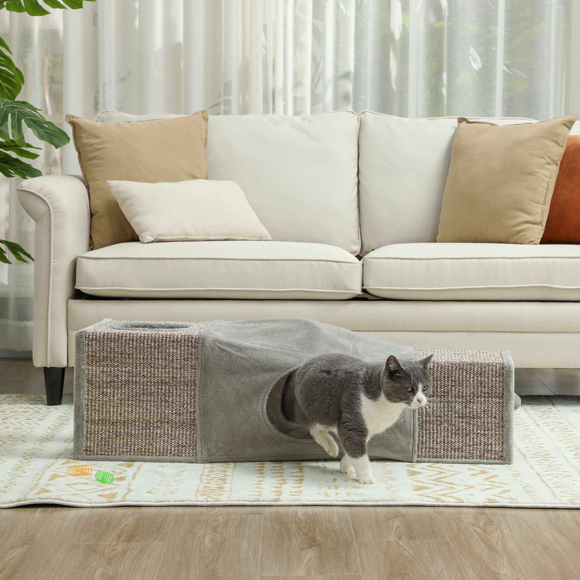 Cat Tunnel, Cat Toy with Play Ball, Cat Cave, Foldable Sisal Play Tunnel, Combined Design, Brown+Gray, 98 x 30 x 30 cm
