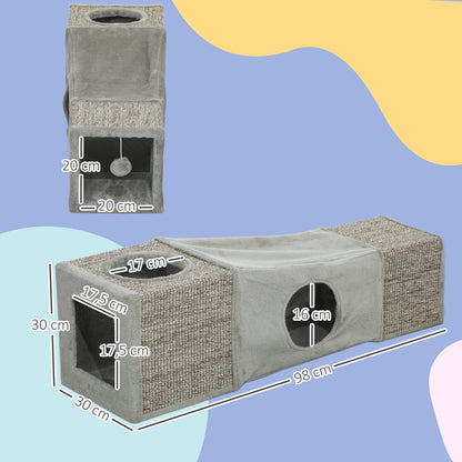 Cat Tunnel, Cat Toy with Play Ball, Cat Cave, Foldable Sisal Play Tunnel, Combined Design, Brown+Gray, 98 x 30 x 30 cm