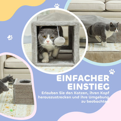 Cat Tunnel, Cat Toy with Play Ball, Cat Cave, Foldable Sisal Play Tunnel, Combined Design, Brown+Gray, 98 x 30 x 30 cm