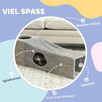 Cat Tunnel, Cat Toy with Play Ball, Cat Cave, Foldable Sisal Play Tunnel, Combined Design, Brown+Gray, 98 x 30 x 30 cm