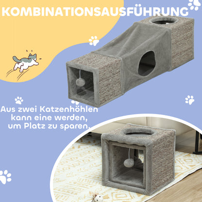 Cat Tunnel, Cat Toy with Play Ball, Cat Cave, Foldable Sisal Play Tunnel, Combined Design, Brown+Gray, 98 x 30 x 30 cm
