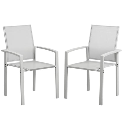 Set 2 Stackable Garden Chairs with Armrests, Outdoor Dining Chairs in Aluminum and Waterproof Texteline, for Patio, Balcony, Terrace, Outdoor and Indoor, 56x58x89cm, Light Grey