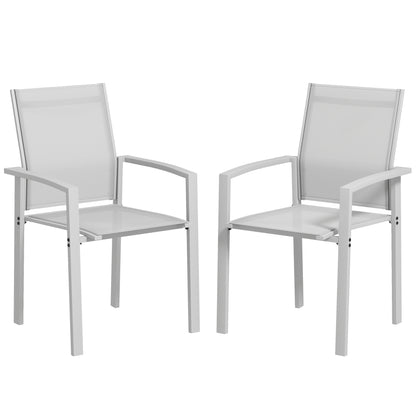 Set 2 Stackable Garden Chairs with Armrests, Outdoor Dining Chairs in Aluminum and Waterproof Texteline, for Patio, Balcony, Terrace, Outdoor and Indoor, 56x58x89cm, Light Grey