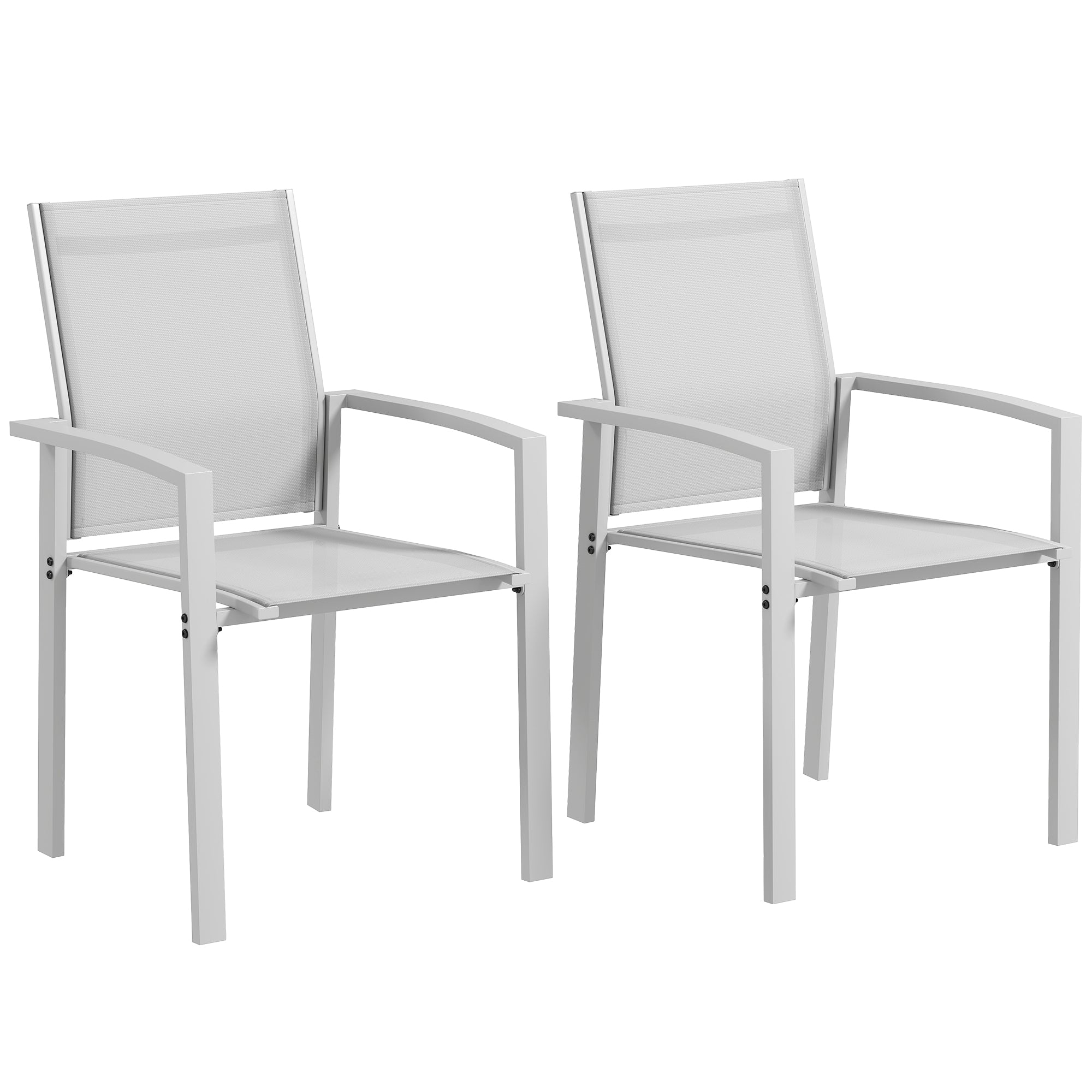 Set 2 Stackable Garden Chairs with Armrests, Outdoor Dining Chairs in Aluminum and Waterproof Texteline, for Patio, Balcony, Terrace, Outdoor and Indoor, 56x58x89cm, Light Grey