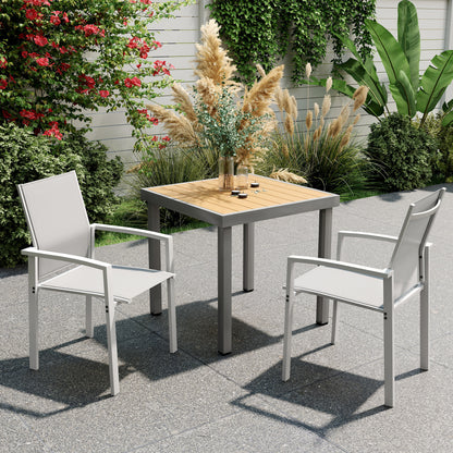 Set 2 Stackable Garden Chairs with Armrests, Outdoor Dining Chairs in Aluminum and Waterproof Texteline, for Patio, Balcony, Terrace, Outdoor and Indoor, 56x58x89cm, Light Grey