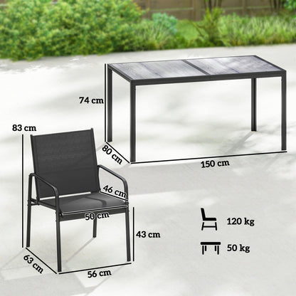 7-Piece Outdoor Dining Set – Wood-Effect Table & 6 Breathable Mesh Chairs, Galvanized Steel Frame, Black
