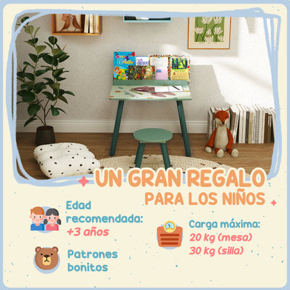 2-Piece Children's Table and Chair Set Kids Table with Chair and Bookshelf Desk for Children 3+ Years for Playroom Green