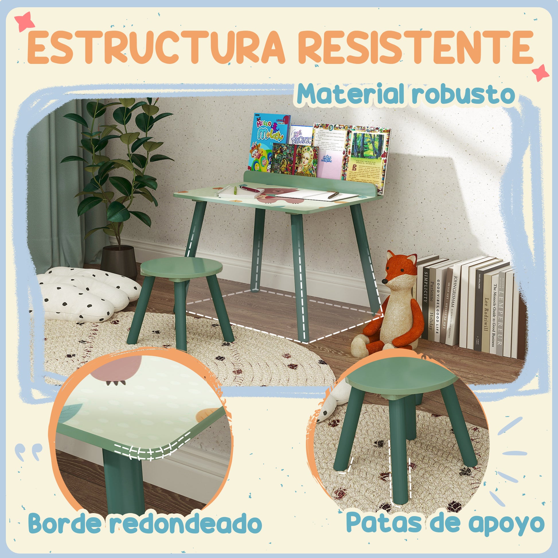 2-Piece Children's Table and Chair Set Kids Table with Chair and Bookshelf Desk for Children 3+ Years for Playroom Green