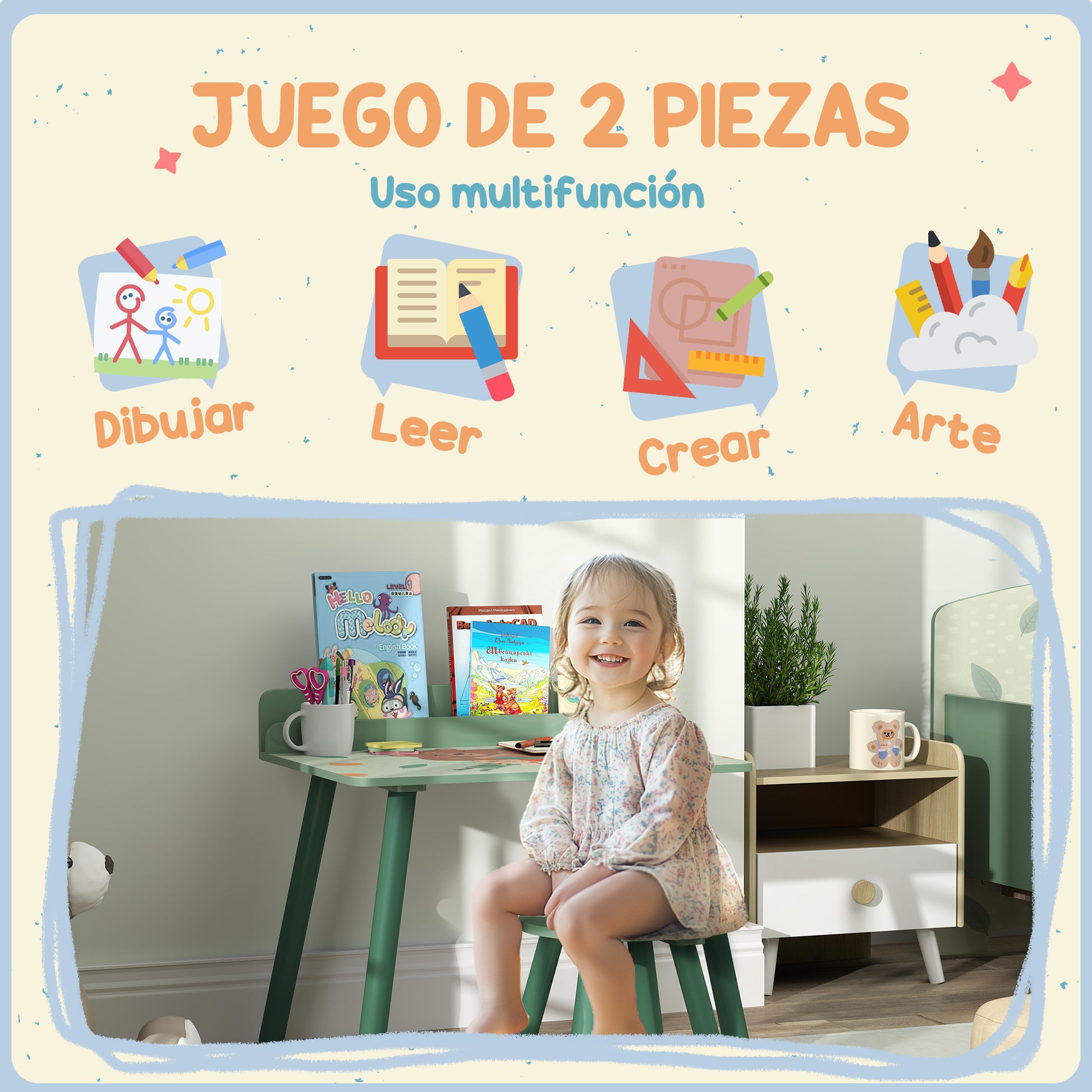 2-Piece Children's Table and Chair Set Kids Table with Chair and Bookshelf Desk for Children 3+ Years for Playroom Green
