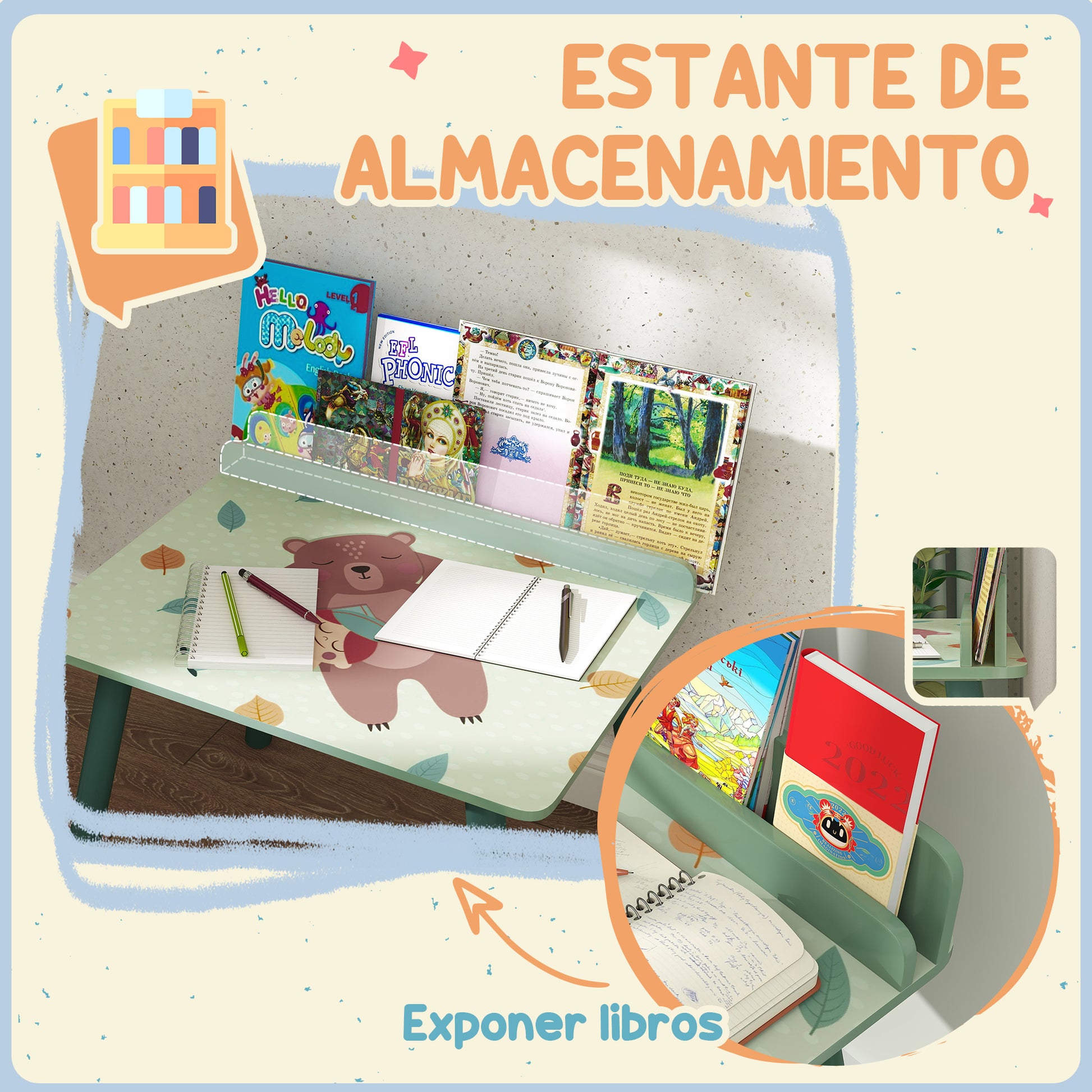 2-Piece Children's Table and Chair Set Kids Table with Chair and Bookshelf Desk for Children 3+ Years for Playroom Green