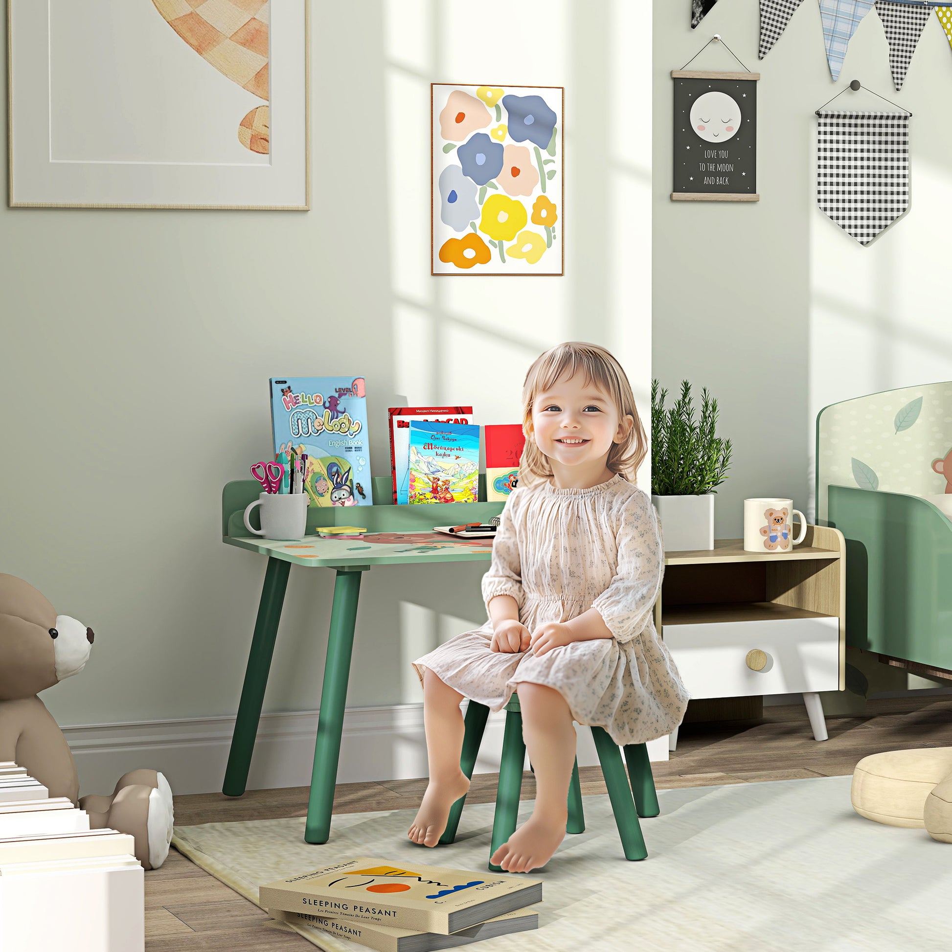 2-Piece Children's Table and Chair Set Kids Table with Chair and Bookshelf Desk for Children 3+ Years for Playroom Green