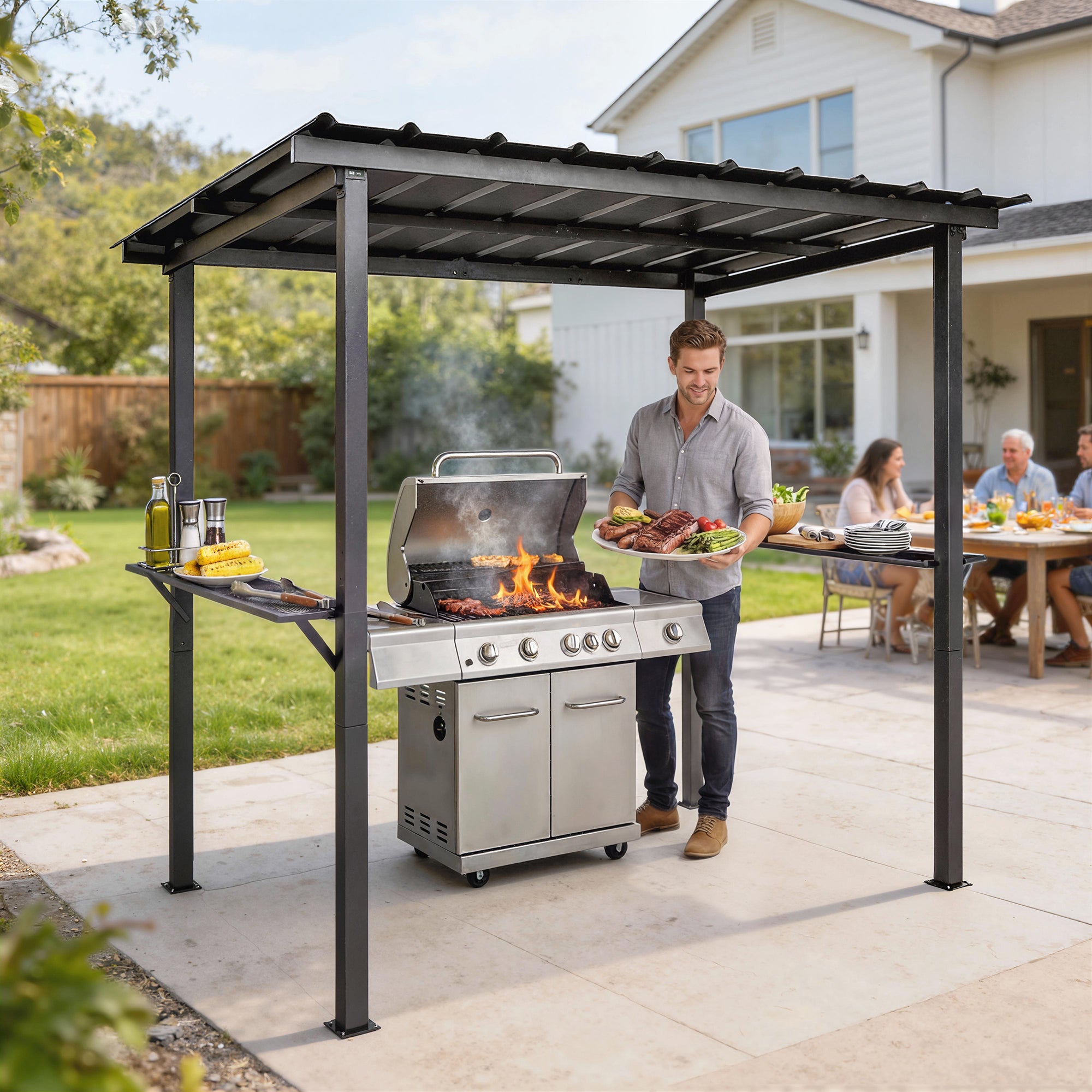 BBQ Pavilion 8 ft 11 in x 6 ft 0 in Garden Gazebo with Lean-to Roof, Side Shelves, UPF50+ Protection, Black