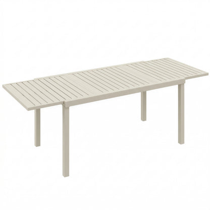 Extendable Garden Dining Table — 59.1/88.6 x 33.5 x 29.5 in (150/225 x 85 x 75 cm), Rectangular Aluminum Slatted Top, Seats 6–8, White