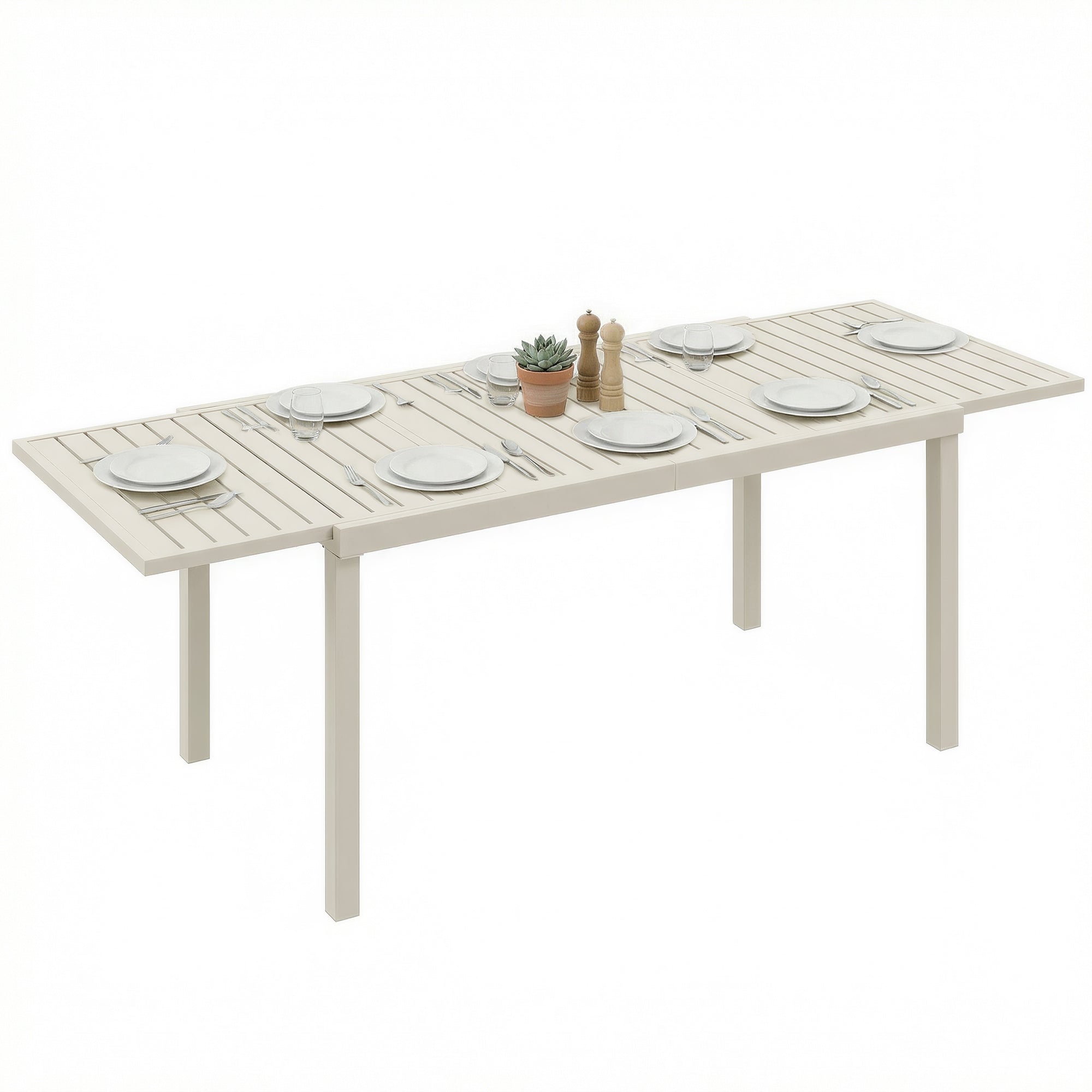 Extendable Garden Dining Table — 59.1/88.6 x 33.5 x 29.5 in (150/225 x 85 x 75 cm), Rectangular Aluminum Slatted Top, Seats 6–8, White
