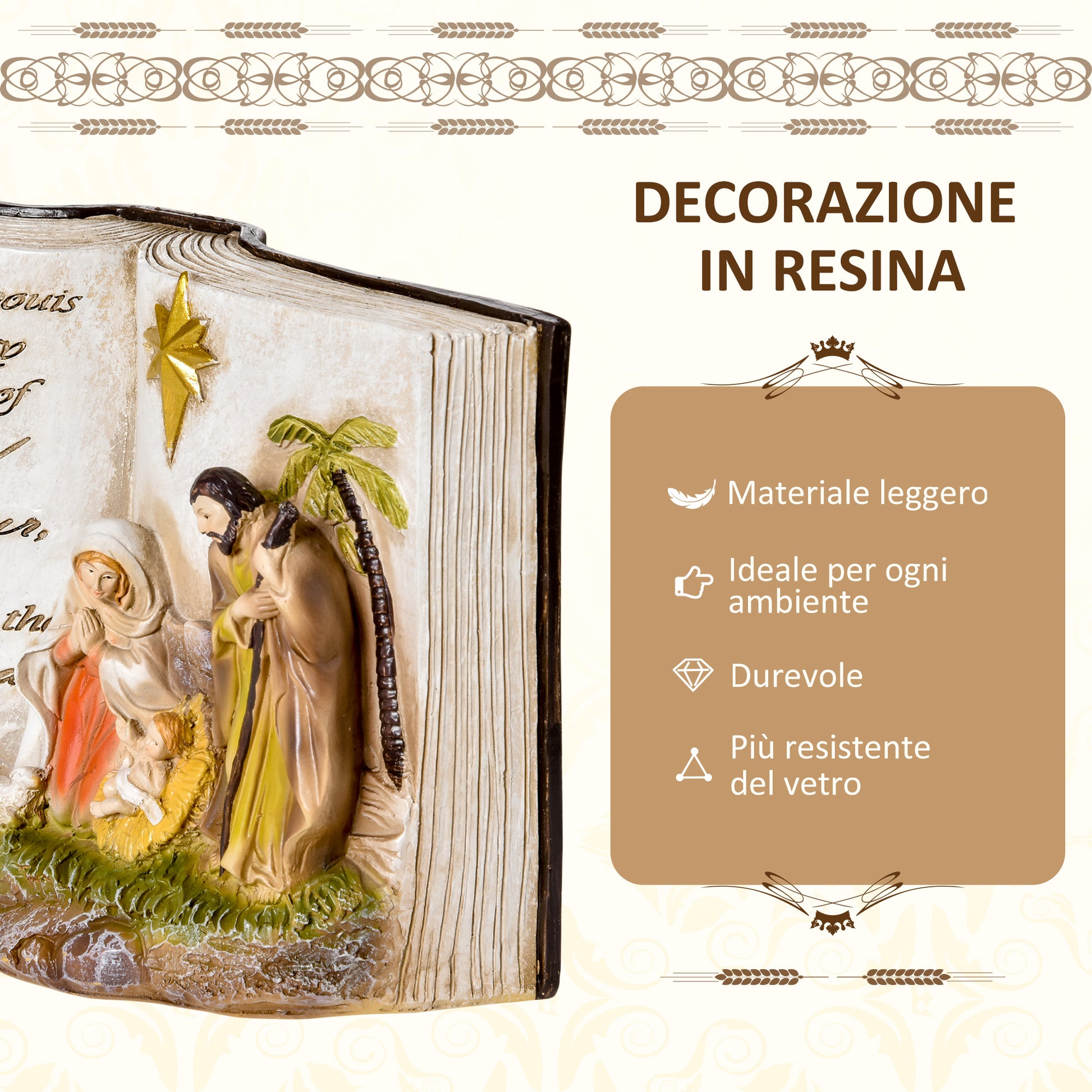 Christmas Nativity Scene with 3D Statuettes and Engraving, Nativity, Resin Christmas Decoration, 21.5cm x 9.5cm x 14cm