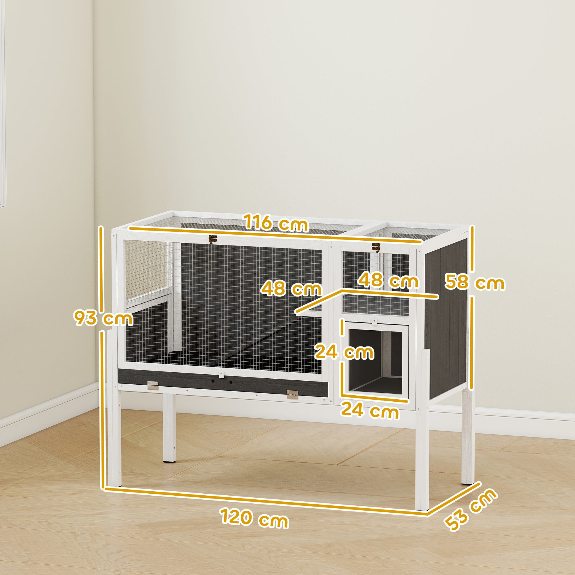 Convertible Wooden Rabbit Hutch with Ramp, 120 x 53 x 93 cm (47.2 x 20.9 x 36.6 in) – Indoor Small Pet Hutch with Nesting Area, Removable Tray, White & Gray