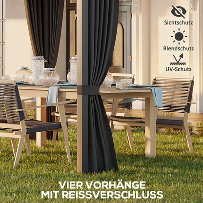 Pergola, 3.65 x 2.55 m Pavilion, Terrace Cover with Sliding Roof, Garden Pergola with Curtains, for Garden, Yard, Aluminum + Metal, Dark Grey
