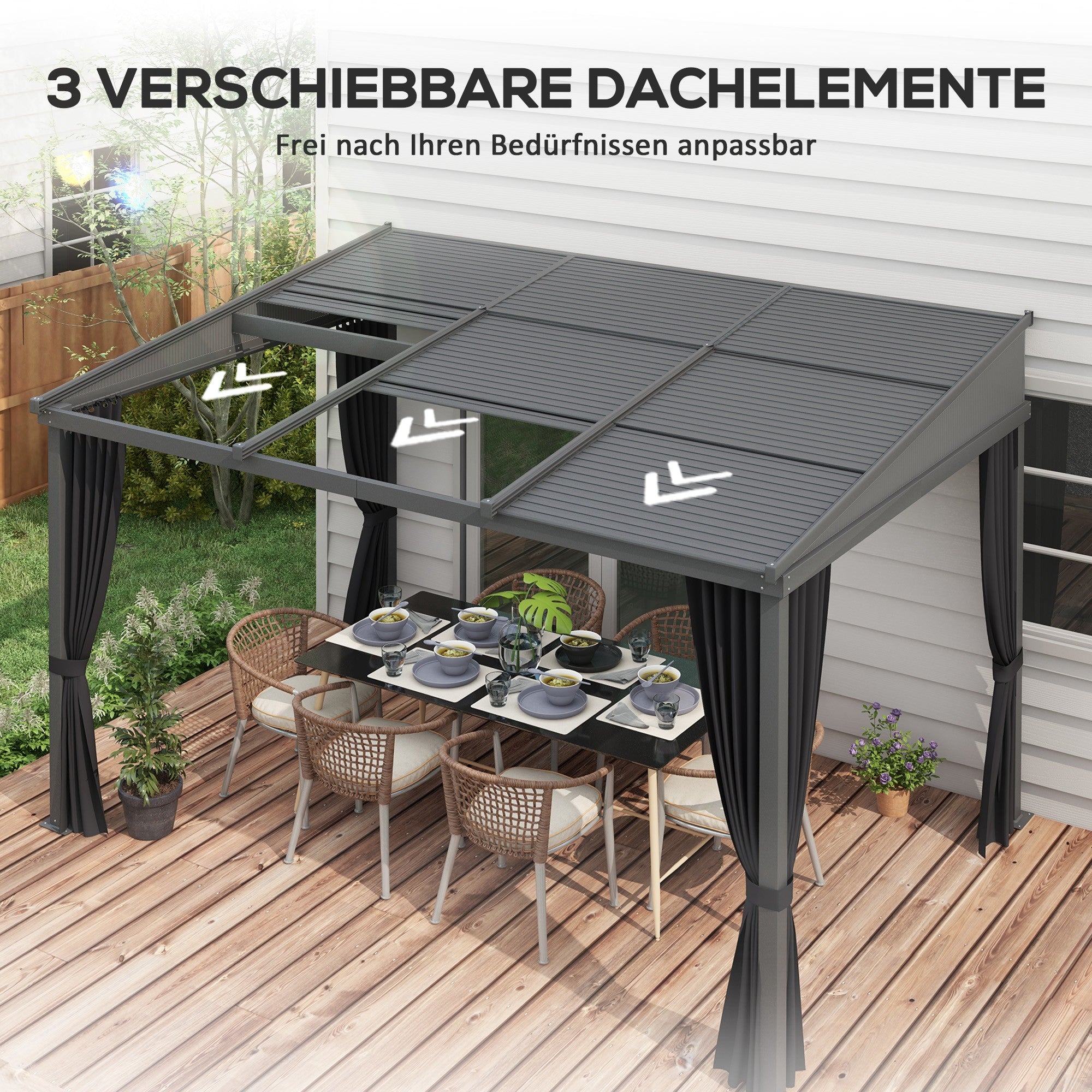 Pergola, 3.65 x 2.55 m Pavilion, Terrace Cover with Sliding Roof, Garden Pergola with Curtains, for Garden, Yard, Aluminum + Metal, Dark Grey