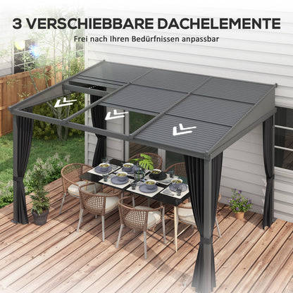 Pergola, 3.65 x 2.55 m Pavilion, Terrace Cover with Sliding Roof, Garden Pergola with Curtains, for Garden, Yard, Aluminum + Metal, Dark Grey