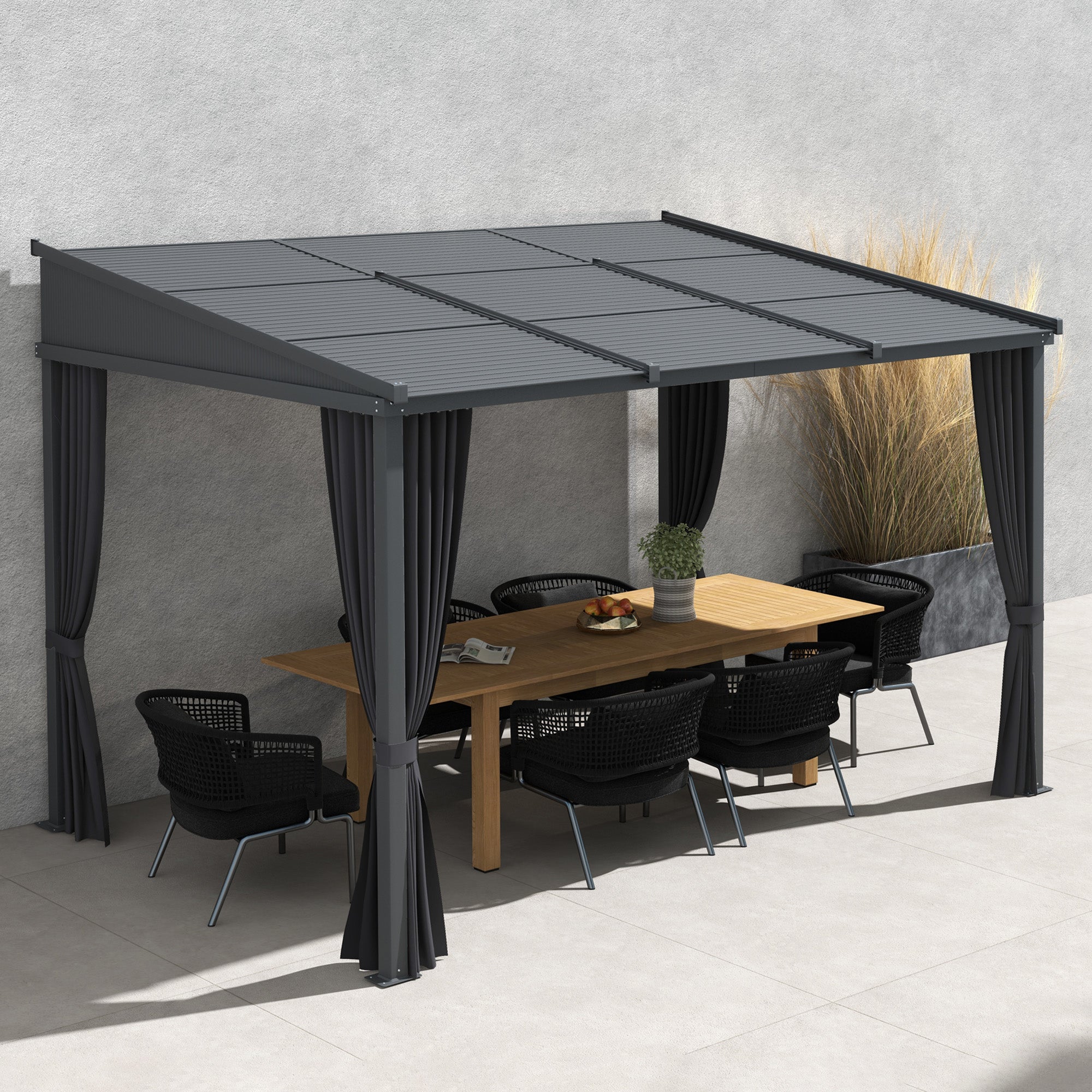 Pergola, 3.65 x 2.55 m Pavilion, Terrace Cover with Sliding Roof, Garden Pergola with Curtains, for Garden, Yard, Aluminum + Metal, Dark Grey