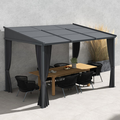 Pergola, 3.65 x 2.55 m Pavilion, Terrace Cover with Sliding Roof, Garden Pergola with Curtains, for Garden, Yard, Aluminum + Metal, Dark Grey