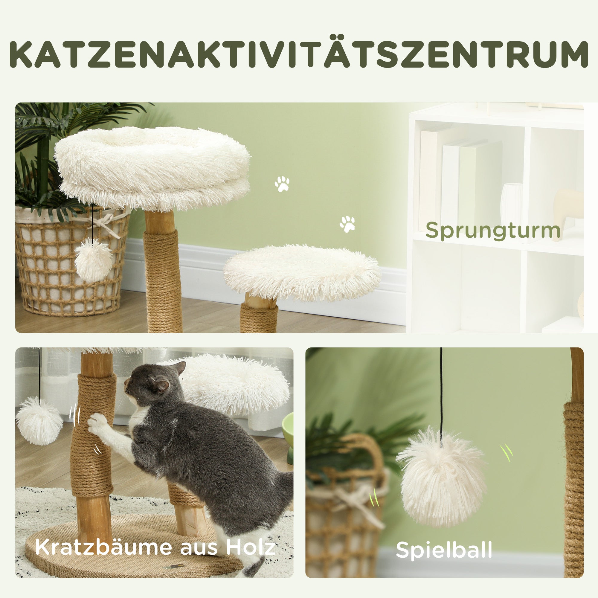 Scratching Post 61.5 cm high Cat Tree with Toy Ball, Beds, Cat Tower with Cat Scratching Board, for Cats under 5 kg, Pear Wood, White