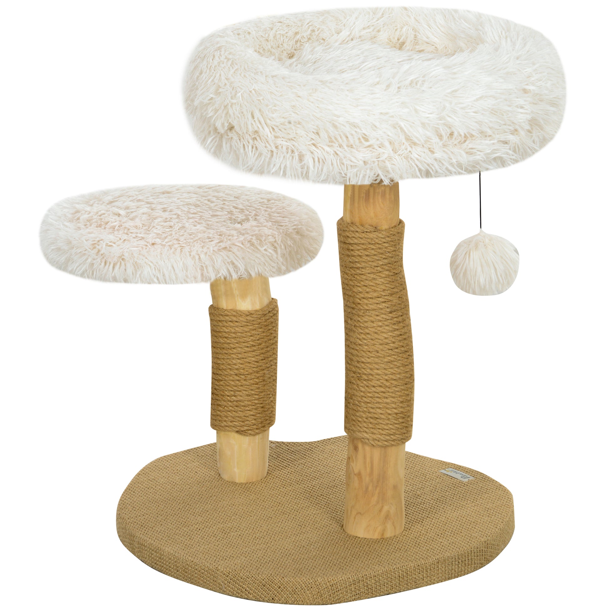 Scratching Post 61.5 cm high Cat Tree with Toy Ball, Beds, Cat Tower with Cat Scratching Board, for Cats under 5 kg, Pear Wood, White