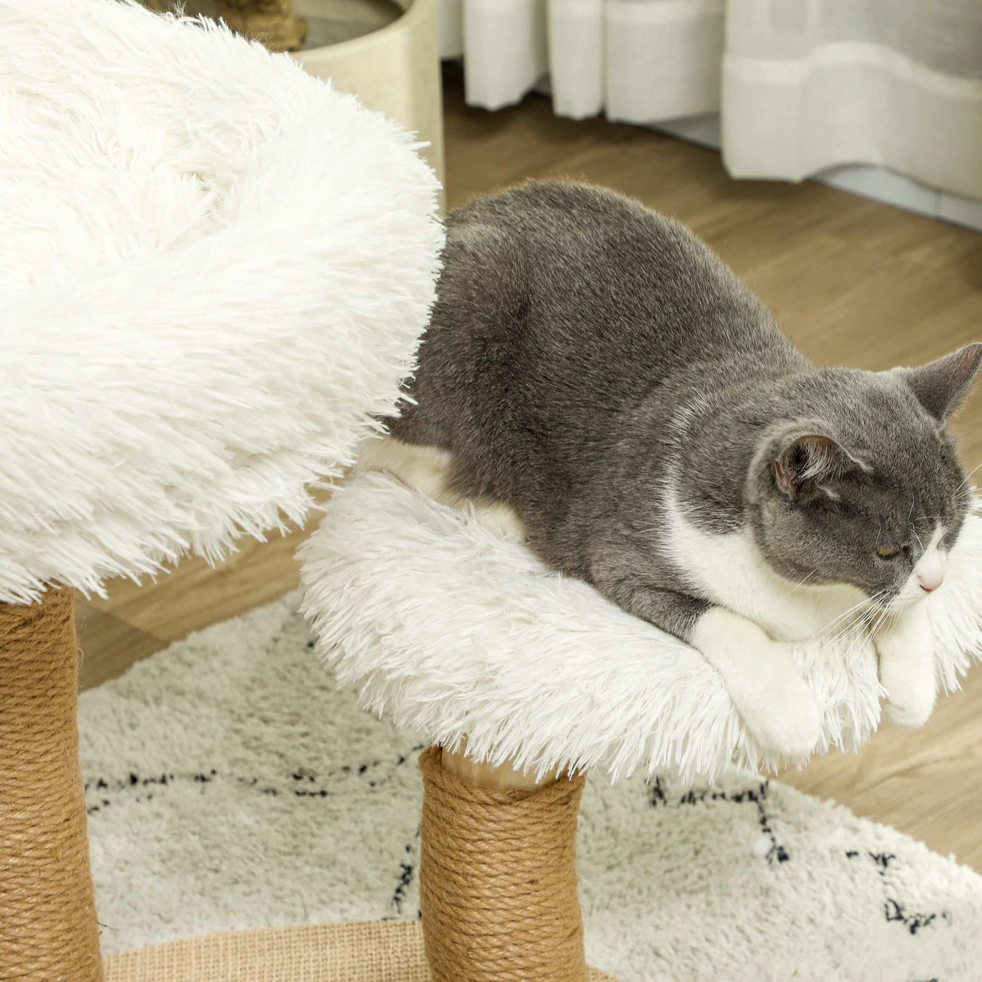 Scratching Post 61.5 cm high Cat Tree with Toy Ball, Beds, Cat Tower with Cat Scratching Board, for Cats under 5 kg, Pear Wood, White