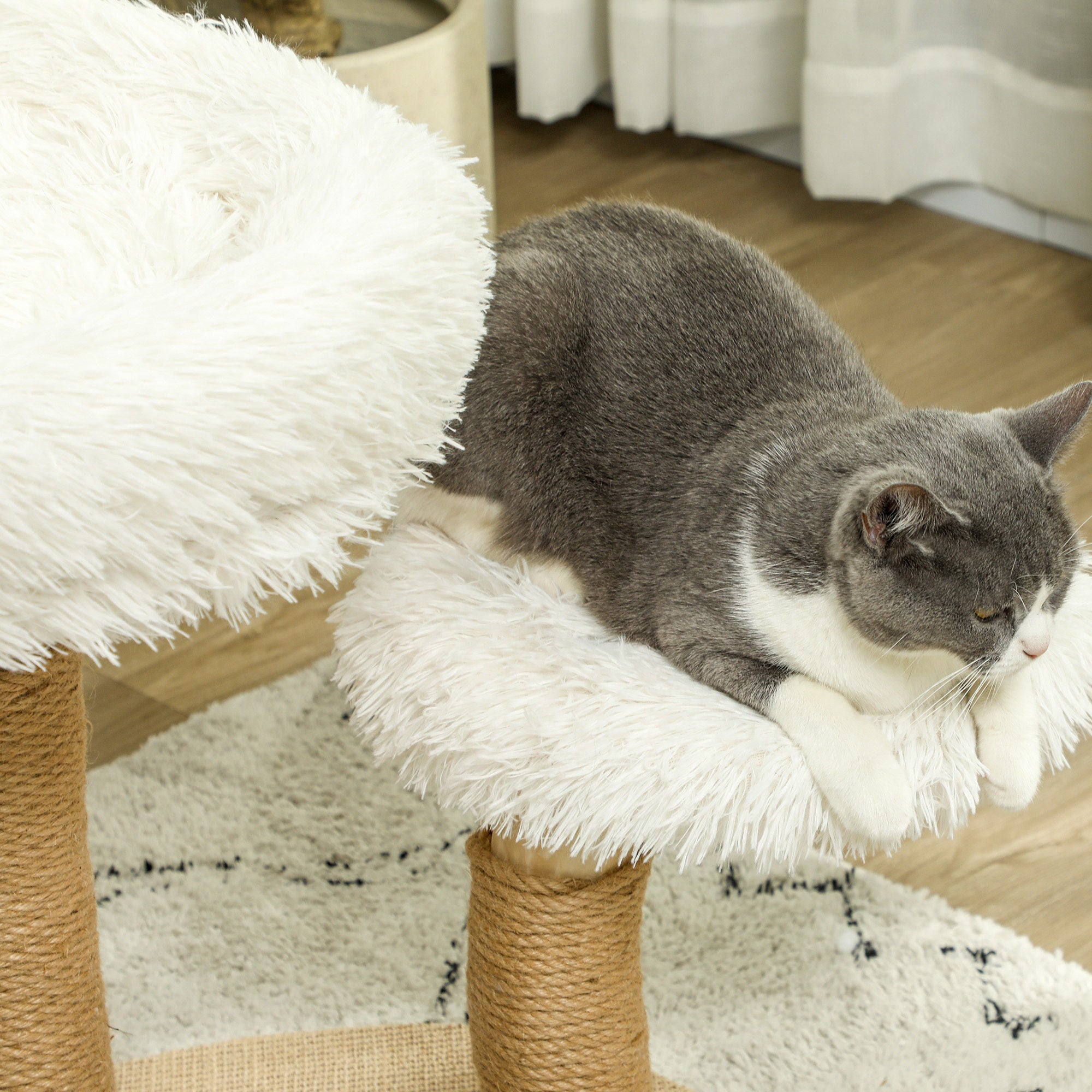 Scratching Post 61.5 cm high Cat Tree with Toy Ball, Beds, Cat Tower with Cat Scratching Board, for Cats under 5 kg, Pear Wood, White