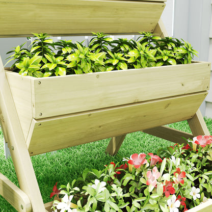 Vertical 3-Tier Wooden Raised Planter Box with 3 Planting Tubs, Drainage Holes – Flower & Herb Staircase for Terrace, Balcony, Garden, 25.6 x 29.5 x 29.9 in, Green