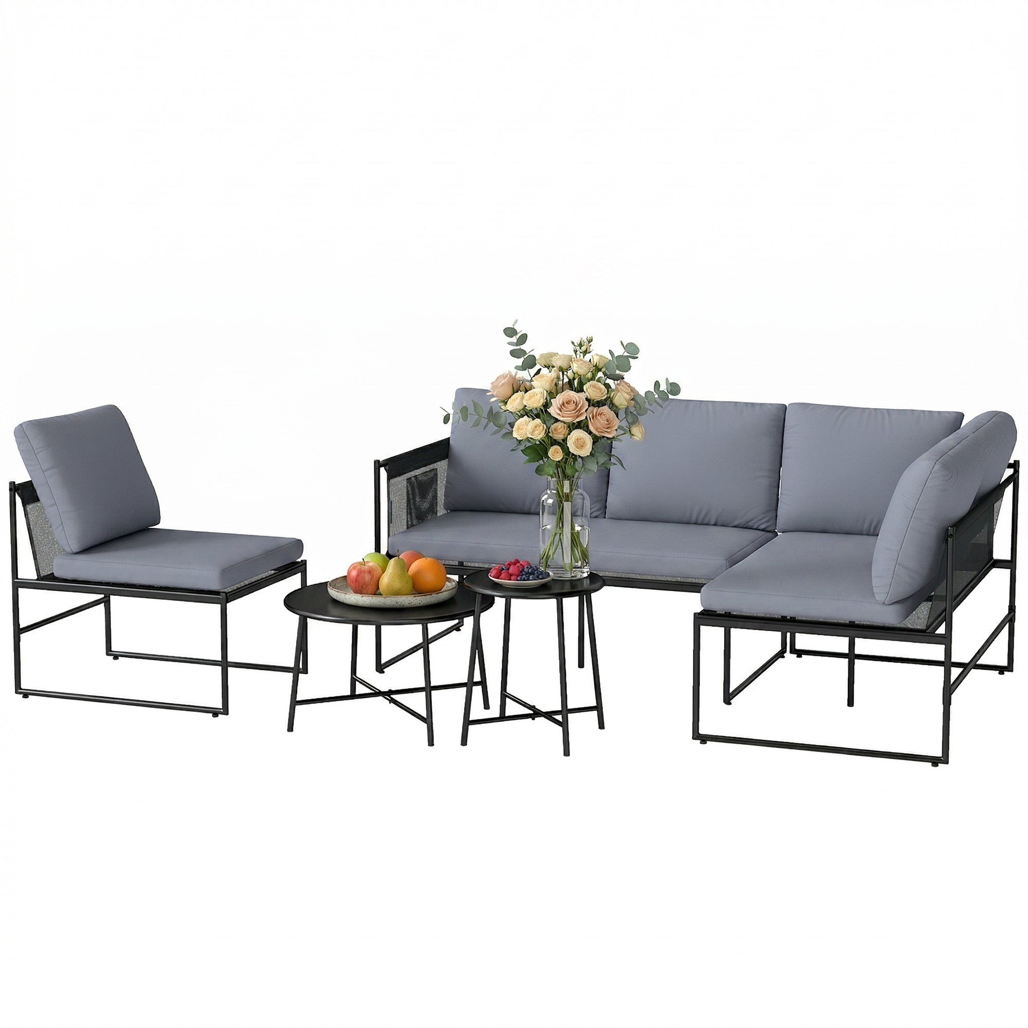 5-Piece Outdoor Lounge Set for 4–5 – Modular L-Shaped Sofa, Armless Chair, 2 Coffee Tables, Washable Cushions, Breathable Mesh Seats – Dark Gray