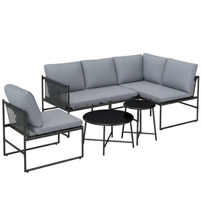 5-Piece Outdoor Lounge Set for 4–5 – Modular L-Shaped Sofa, Armless Chair, 2 Coffee Tables, Washable Cushions, Breathable Mesh Seats – Dark Gray