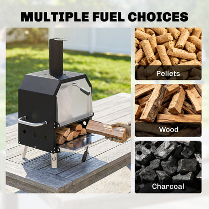 Outdoor Wood-Fired Pizza Oven, Stainless Steel, 2-Tier with 1 cm Thick Pizza Stone, Folding Legs & Pizza Peel – Portable for Camping, Garden, Parties