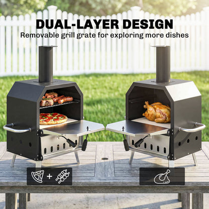 Outdoor Wood-Fired Pizza Oven, Stainless Steel, 2-Tier with 1 cm Thick Pizza Stone, Folding Legs & Pizza Peel – Portable for Camping, Garden, Parties