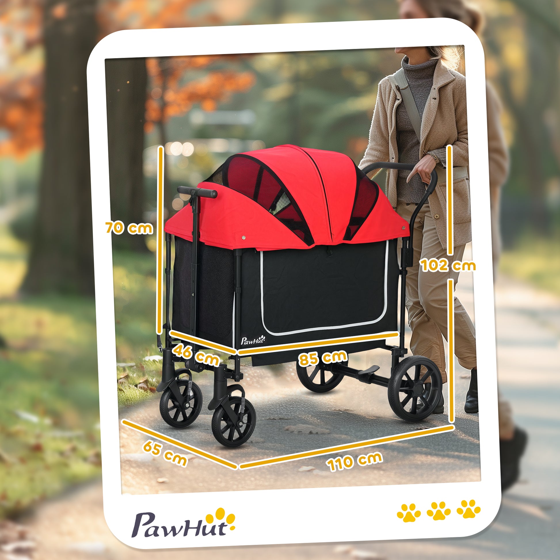 2-in-1 Folding Dog Stroller for Dogs & Cats up to 30 kg Pet Wagon with Cushion Mesh Windows 2 Doors Storage Bag Cat Stroller Buggy Red