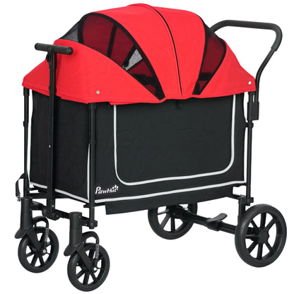 2-in-1 Folding Dog Stroller for Dogs & Cats up to 30 kg Pet Wagon with Cushion Mesh Windows 2 Doors Storage Bag Cat Stroller Buggy Red