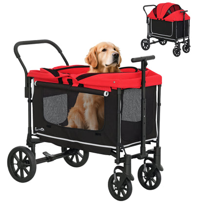 2-in-1 Folding Dog Stroller for Dogs & Cats up to 30 kg Pet Wagon with Cushion Mesh Windows 2 Doors Storage Bag Cat Stroller Buggy Red