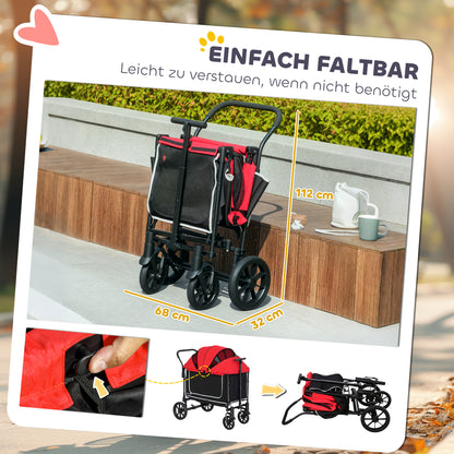 2-in-1 Folding Dog Stroller for Dogs & Cats up to 30 kg Pet Wagon with Cushion Mesh Windows 2 Doors Storage Bag Cat Stroller Buggy Red