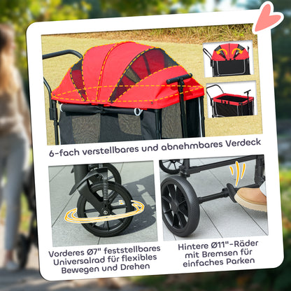 2-in-1 Folding Dog Stroller for Dogs & Cats up to 30 kg Pet Wagon with Cushion Mesh Windows 2 Doors Storage Bag Cat Stroller Buggy Red
