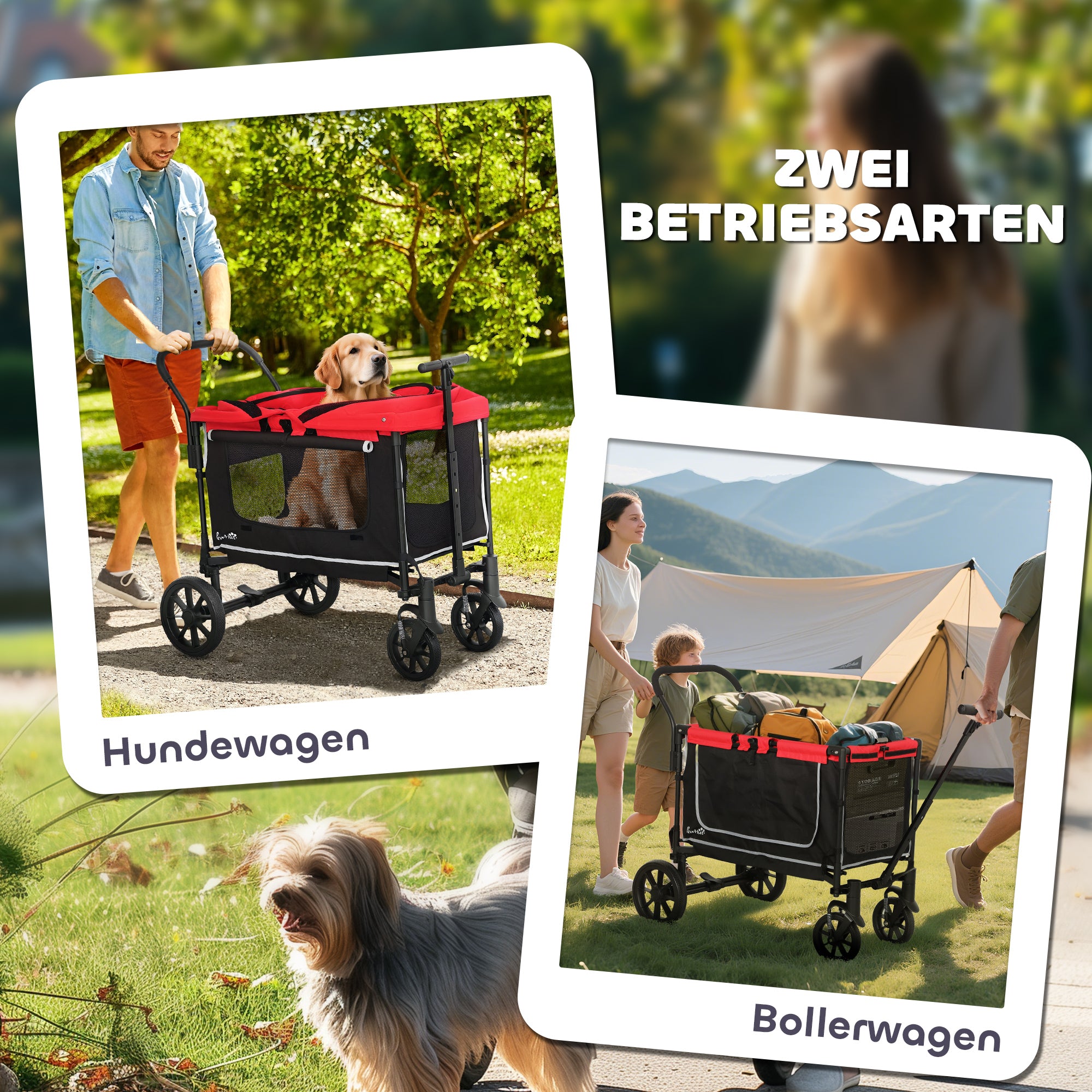2-in-1 Folding Dog Stroller for Dogs & Cats up to 30 kg Pet Wagon with Cushion Mesh Windows 2 Doors Storage Bag Cat Stroller Buggy Red