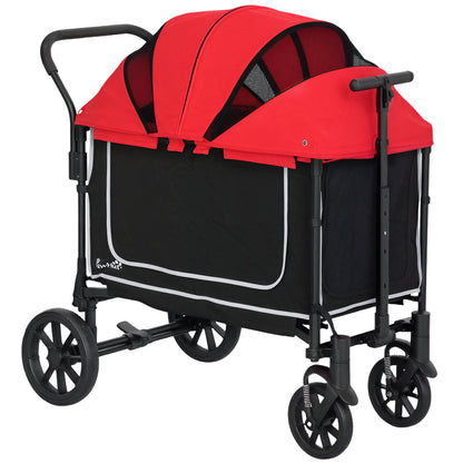 2-in-1 Folding Dog Stroller for Dogs & Cats up to 30 kg Pet Wagon with Cushion Mesh Windows 2 Doors Storage Bag Cat Stroller Buggy Red