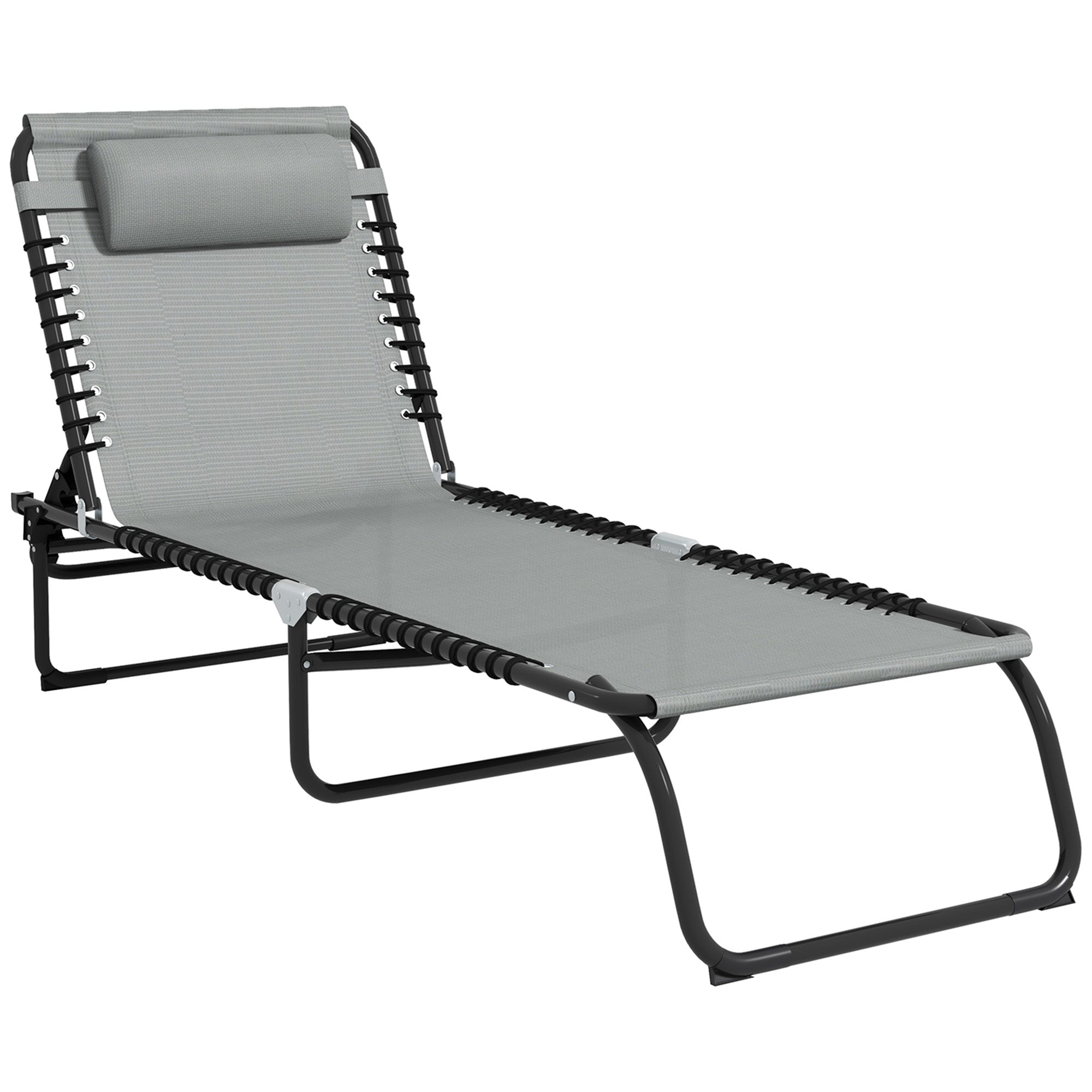 Folding Sun Lounger with 4-Position Adjustable Backrest and Head Cushion, Weather-Resistant Chaise Lounge for Camping, Garden, Beach & Pool — Light Gray, Up to 265 lb