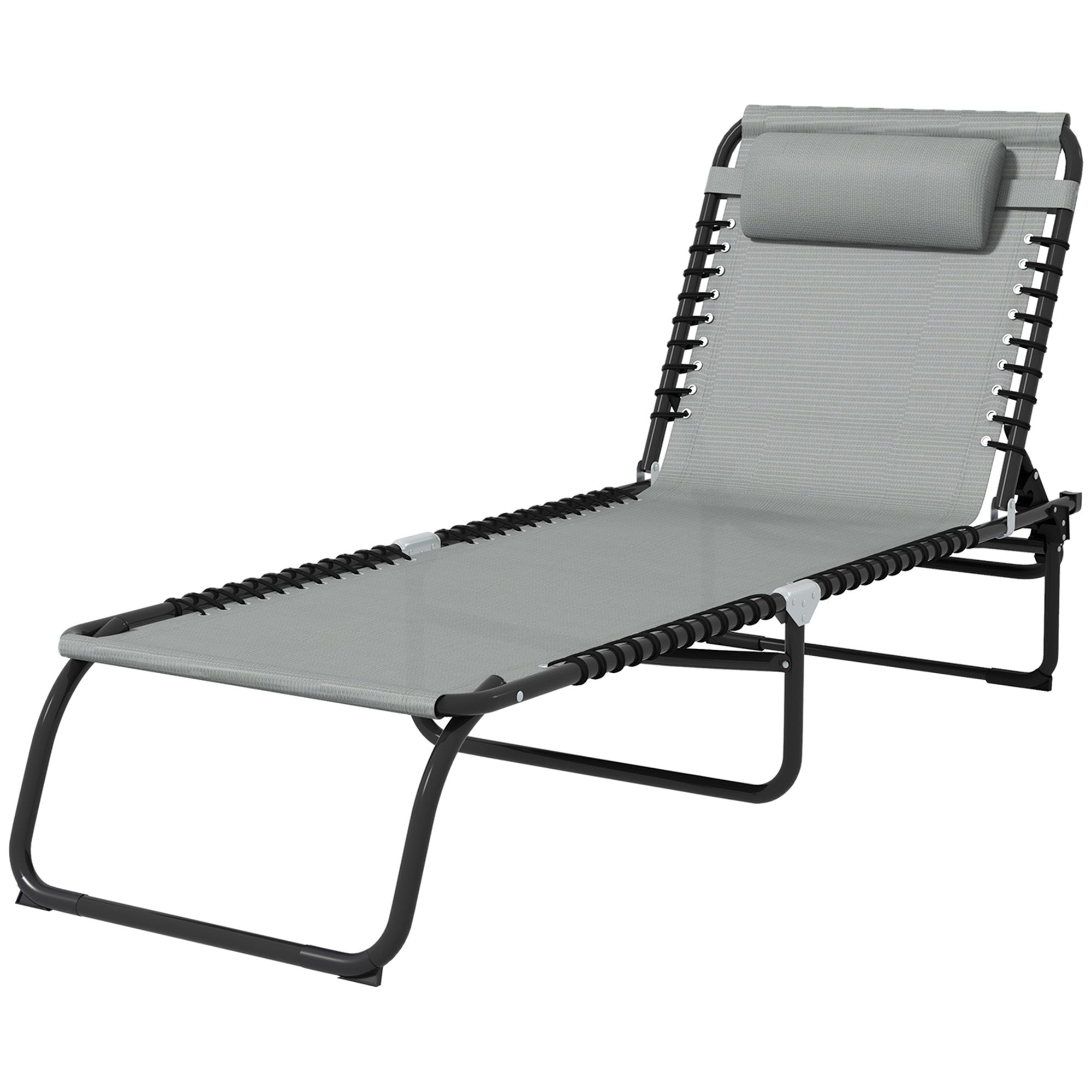 Folding Sun Lounger with 4-Position Adjustable Backrest and Head Cushion, Weather-Resistant Chaise Lounge for Camping, Garden, Beach & Pool — Light Gray, Up to 265 lb
